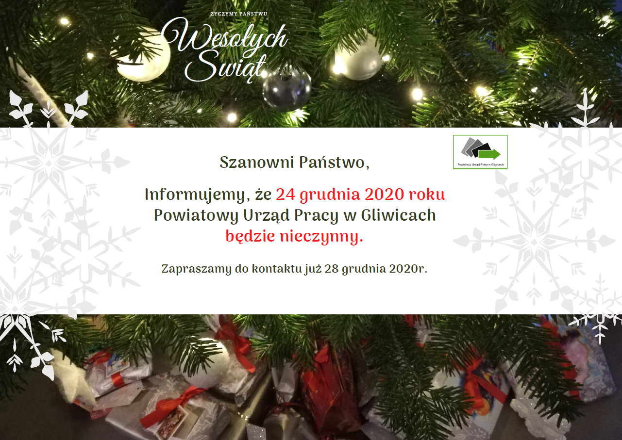 24 grudnia 2020 r PUP w Gliwicach będzie nieczynny