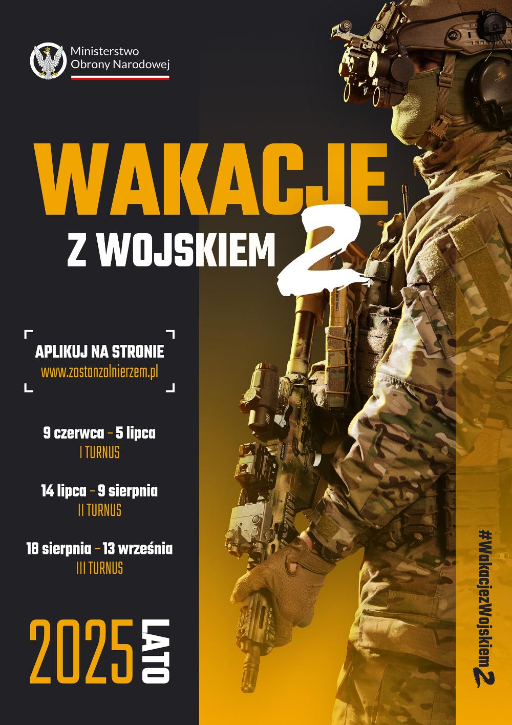 granatowo-żółty plakat prom,ujacy "lato z wojskiem 2" na plakacie podano terminy turnusów szkoleń 