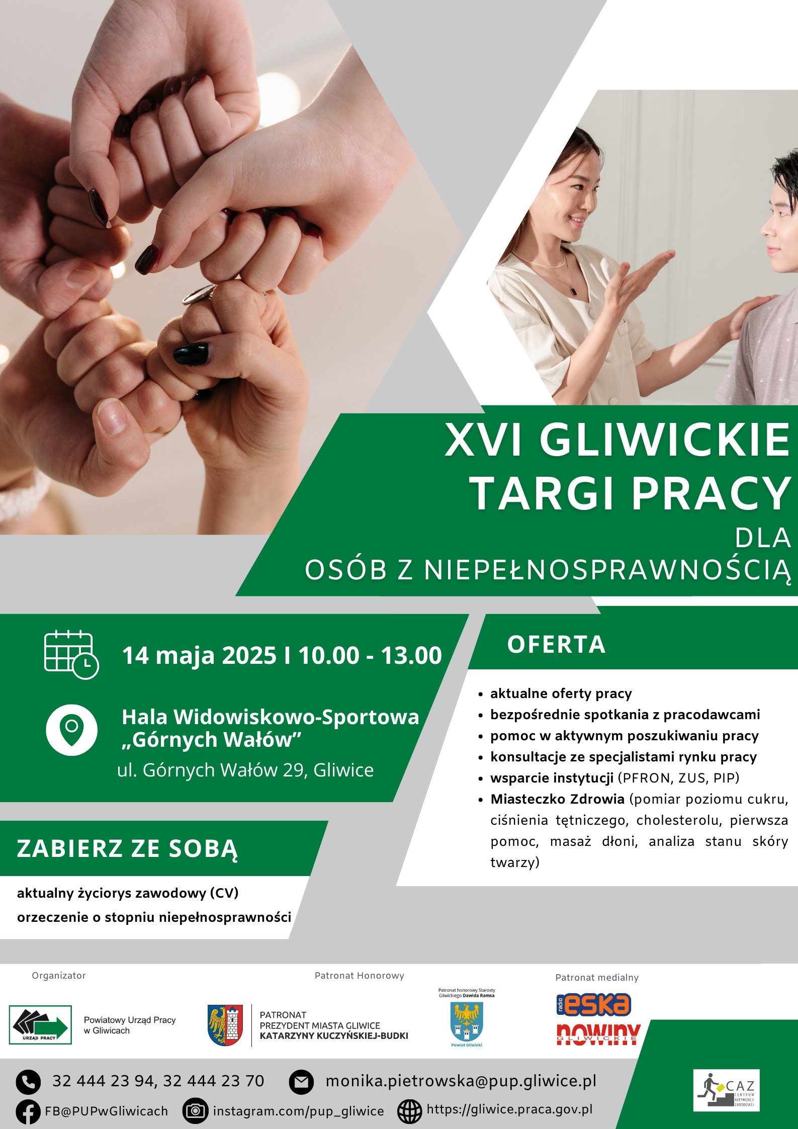 Plakat biało-zielony, promujący wydarzenie "XVI Gliwickie Targi Pracy dla Osób z Niepełnosprawnością" 